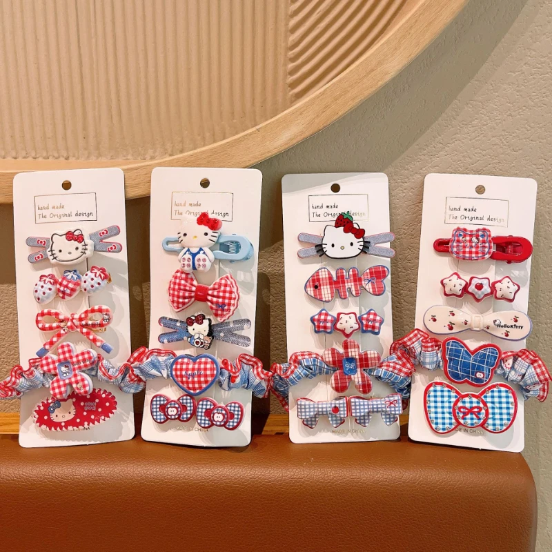 

Miniso 5Pcs Hello Kitty Cowboy Grid Broken Hair Side Clip With Duckbill Clip Cute Cartoon Designs Hair Clip Set Xmas Gifts