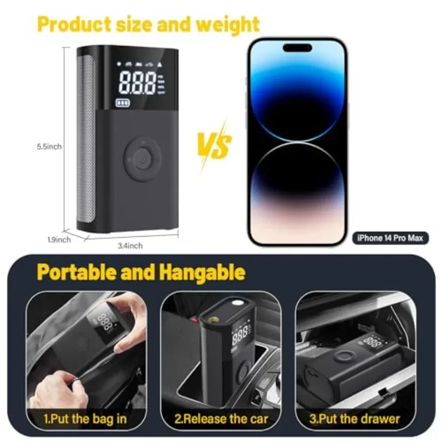 ضاغط هواء محمول 150 رطل لكل بوصة مربعة منفاخ لإطارات السيارة مع 5 أوضاع إضاءة LED إشارة SOS مثالية لإطارات السيارات والدراجات النارية والرياضة B