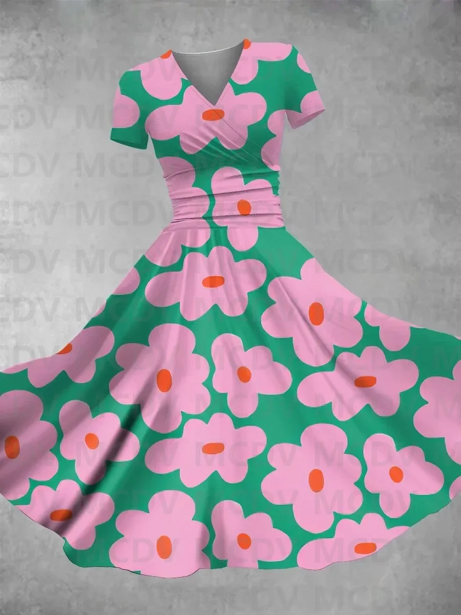 Women's Retro Flower Print Maxi Dress 3D Printed Sexy V-neck Dress Female Dresses