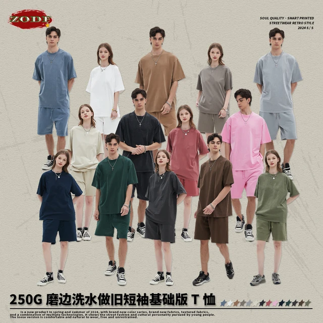 ZODF męskie 2024 Retro letnie sprane trwała bawełna koszulki Unisex Retro luźna, wysoka Street 250gsm zwykłe koszulki Streerwears HY0075