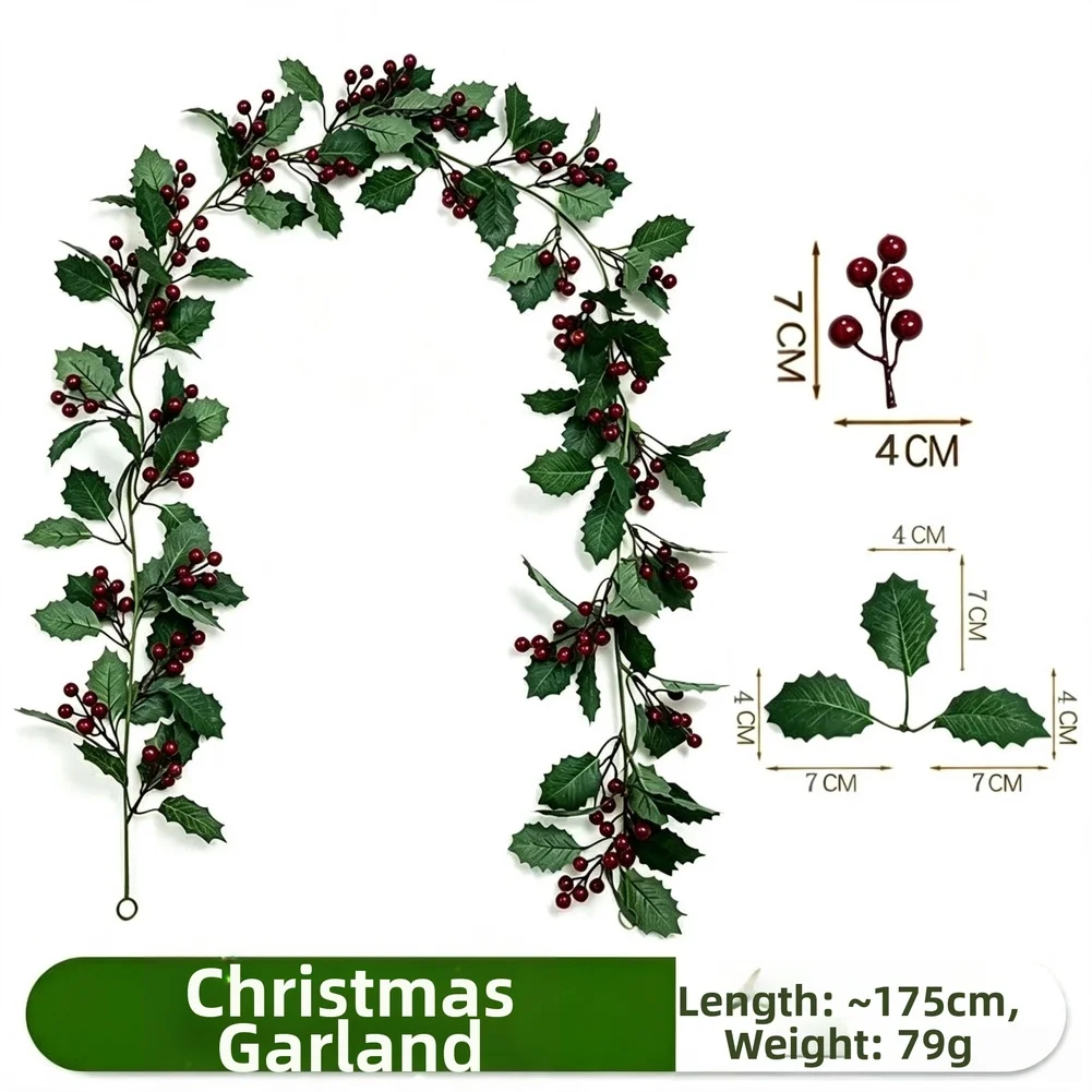 175cm Christmas Artificial Ivy Vine Garland Made of Silk Flowers with Red Berries for Festive Home Party Decor