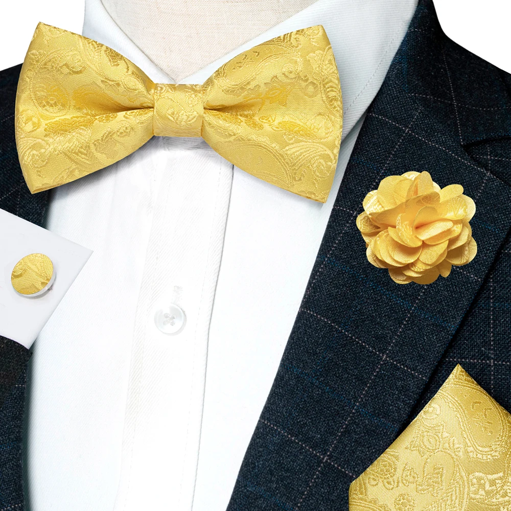 Champagner-Seiden-Jacquard-Paisley-Fliege für Herren, Brosche, Einstecktuch, Manschettenknöpfe-Set, vorgebundene Fliege mit Schmetterlingsknoten für Männer, Hochzeit, Geschäft – Detail 39