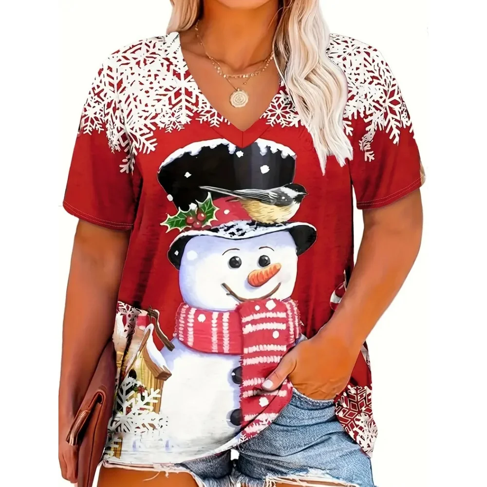 Summer V-Neck Loose Short Sleeved Fashion Red Christmas Day Women's Clothing Christmas Father T-Shirt Trend Hot Selling Styles