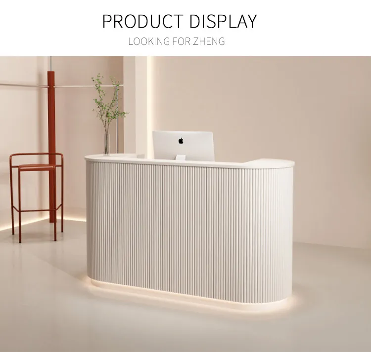 Modern Curved Reception Desk with LED Light Beige Wave Front Desk for Beauty Salon Nail Shop Spa Commercial Furniture