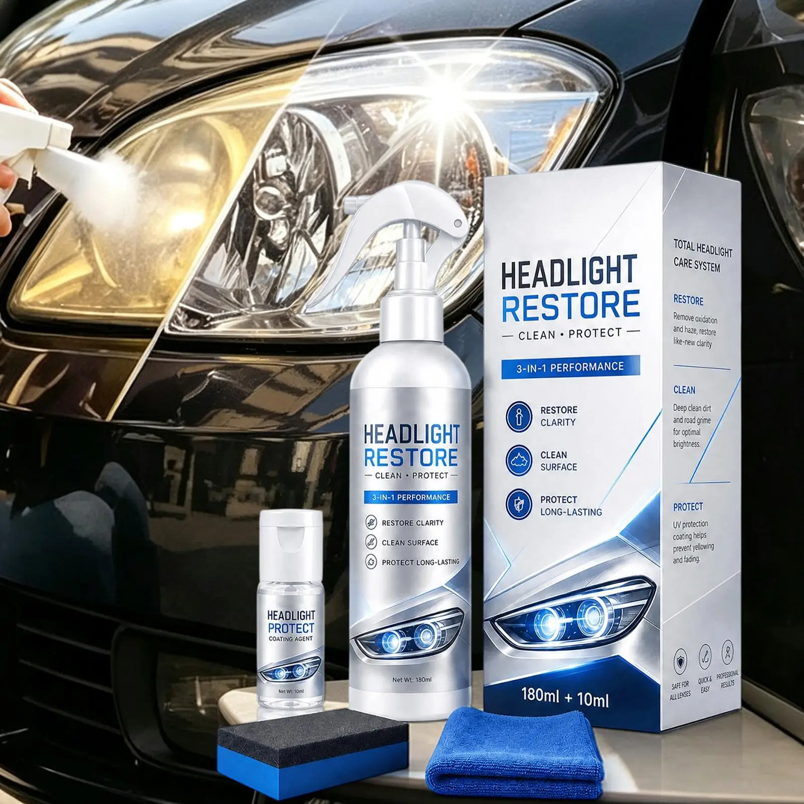 ヘッドライト修復キット-磨き洗い-黄ばみ除去剤-180ml-自動車ヘッドライト修復スプレー-車両・トラック用
