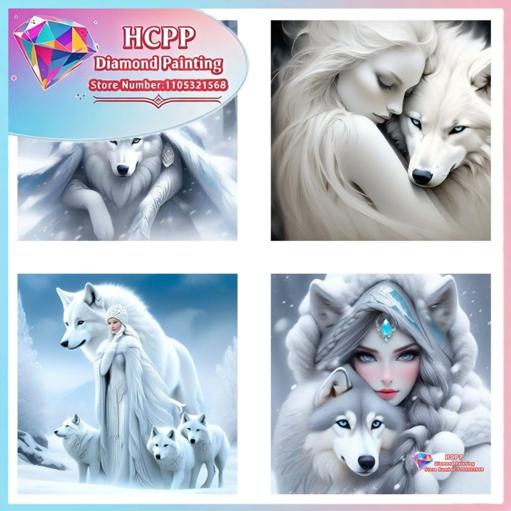 Woman and White Wolf Diamond Painting Kit Square Round Diamond 5D DIY Mosaic Handmade Art Unique Exquisite Gift Home Decor