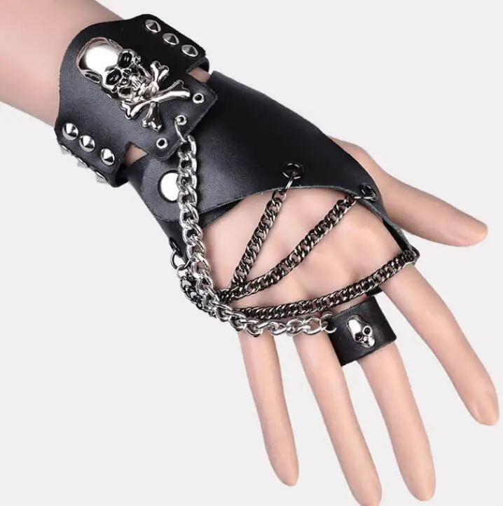 

Fashion Men Women Hip-hop Non-mainstream Half-finger Gloves Skeleton Chain Ring Genuine Leather Punk Rivet Gloves