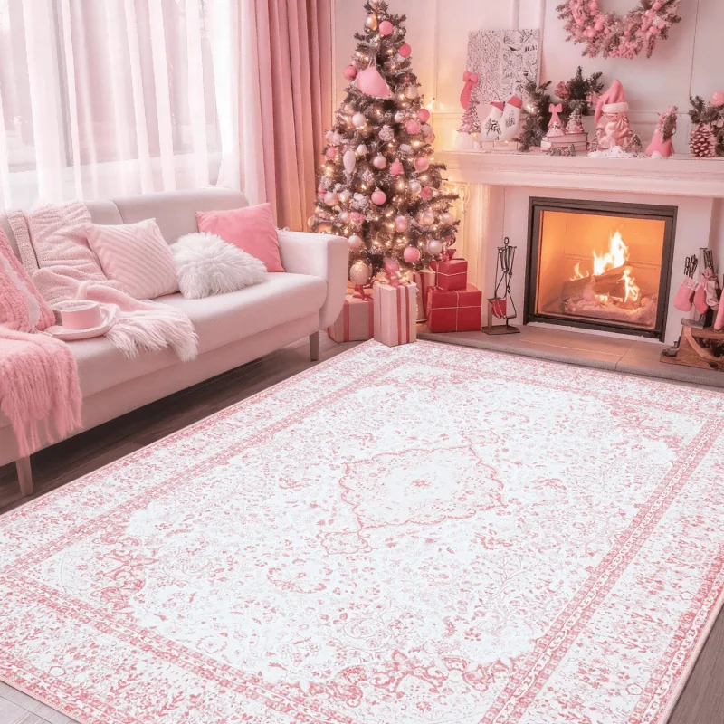 Washable Area Rugs For Girls Bedroom, Non-Slip Backing Minimalist , Low Pile Vintage Boho Large Pink Rug