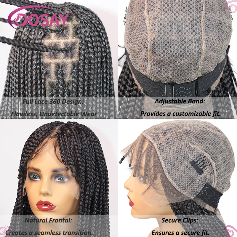 Dosay-peluca sintética con flequillo frontal para mujeres negras, peluca trenzada negra con trenzas de caja sin nudos, cabello duradero, 32"