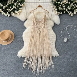 Szykowna dzianinowa sukienka z frędzlami Sweet Hook Flower Hollow Out Slim Straps Dress Elegant Beach Vacation High Street Vintage Summer Women Clothing