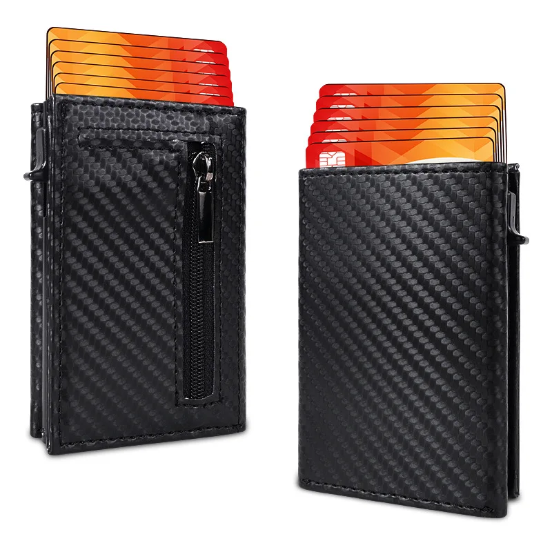 Magnetic Closure Front Pocket Wallets RFID Blocking PU Leather Card Wallet for Men and Women W/ Aluminum Alloy Credit Card Case