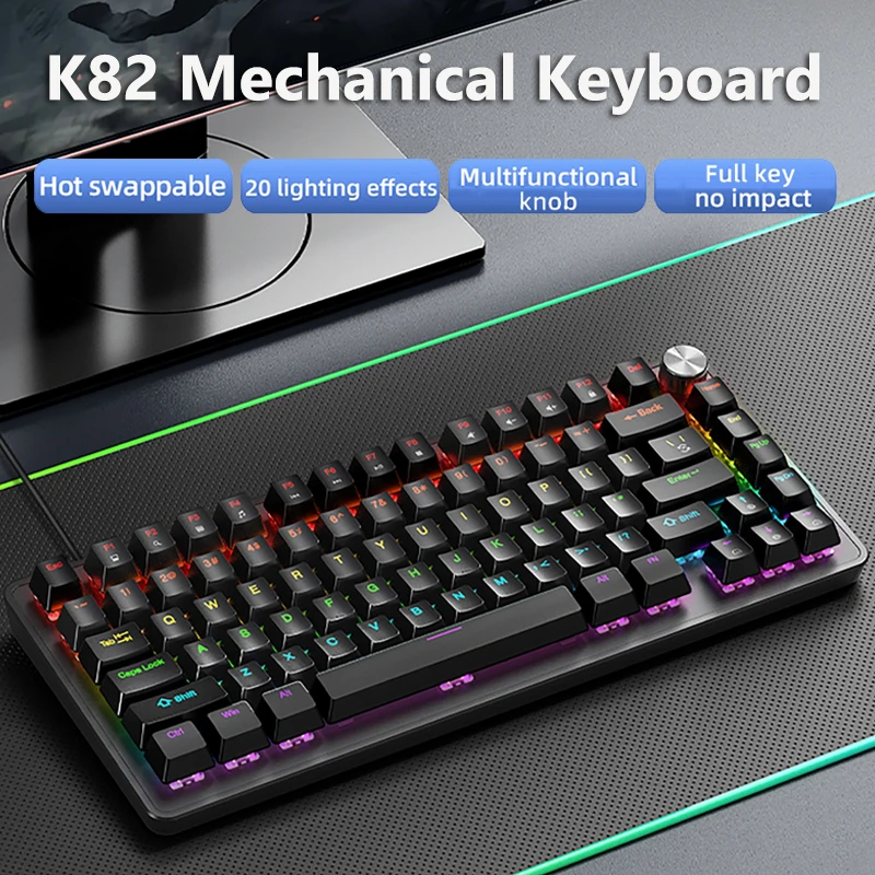 Multifunctional Knob Mechanical Keyboard,Cool Backlight,82 Keys,Full Key Hot Swap Gaming Keyboard,Wired Connection,Windows&Mac