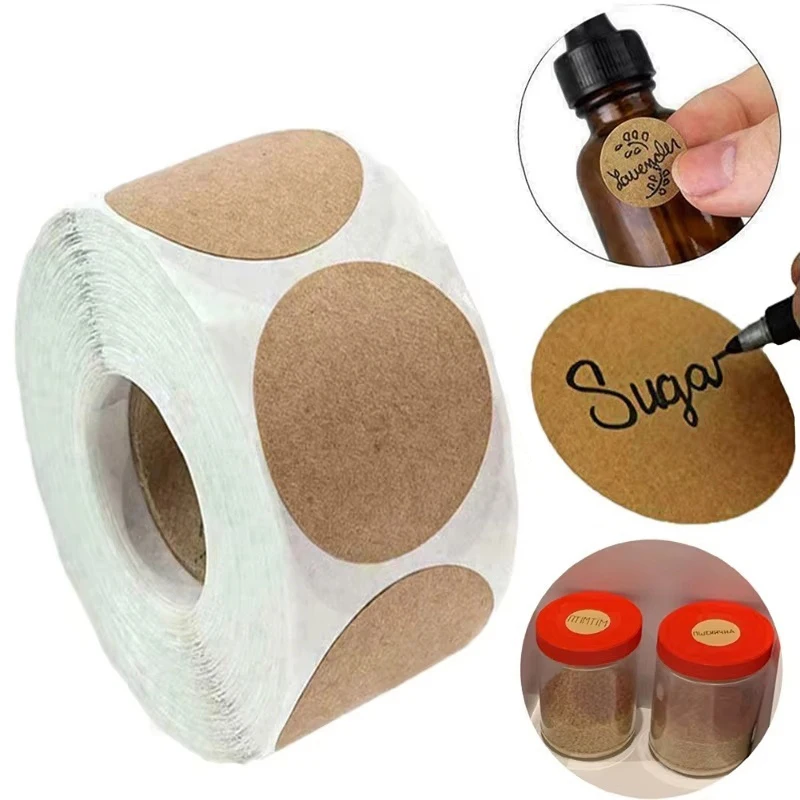 1Roll Stickers Round Blank Self-adhesive Kraft Paper Decorative Stickers For Home Kitchen DIY Jar Bottle Baking Packaging Labels