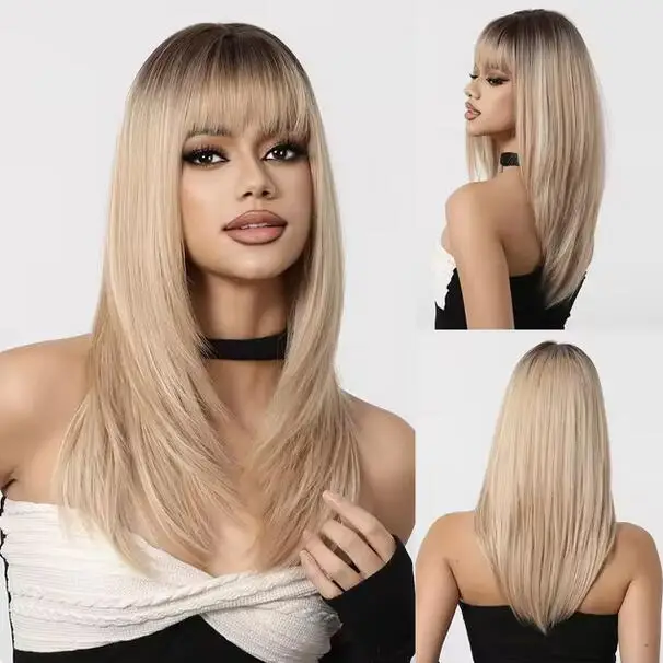 

Cheap Wig Ombre Blonde Synthetic Wig with Bangs Medium Length Straight Wig Dark Roots Heat Resistant Wig for Women Use Soft Wig