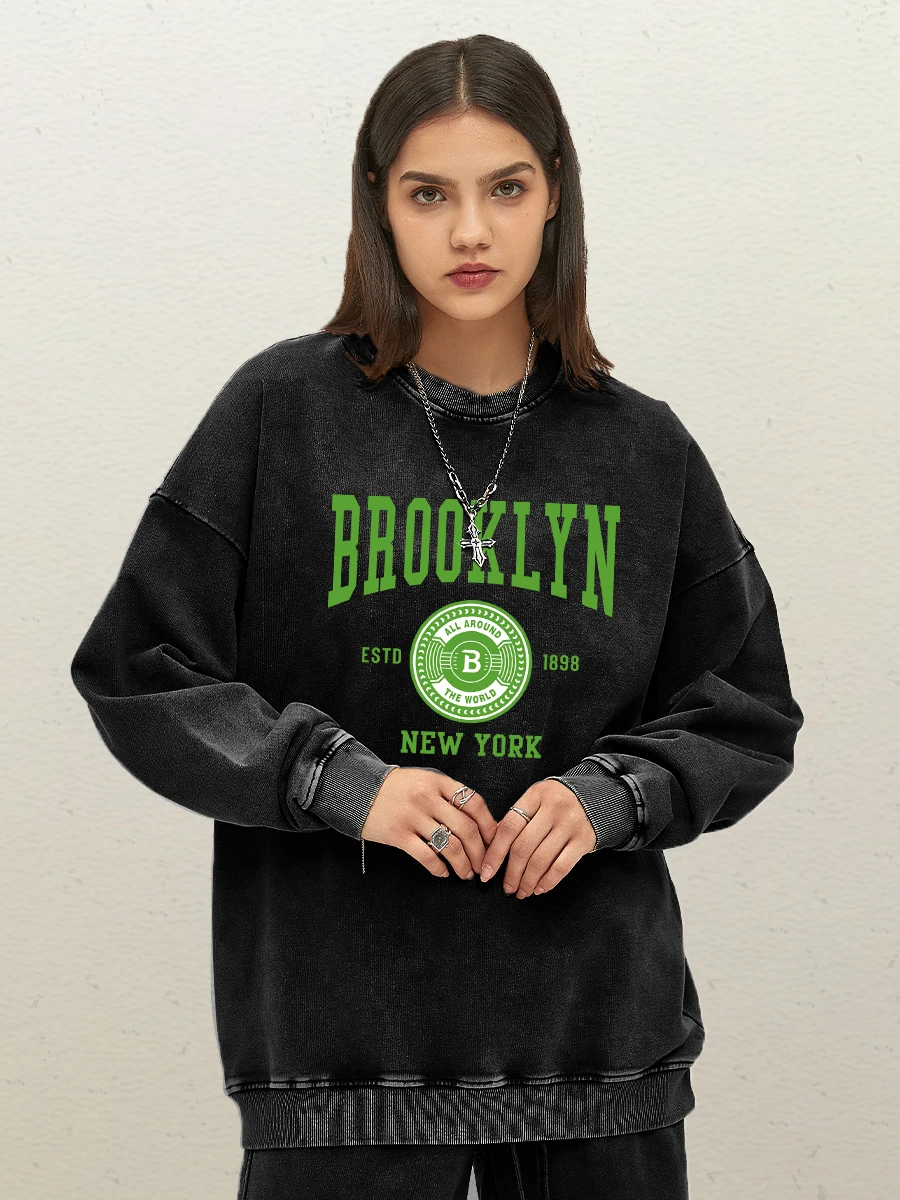 

Brooklyn New York Letter Print Washed Sweatshirt Women Harajuku Casual Pullovers Fashion Cotton Hoody Y2K Comfortable Clothes