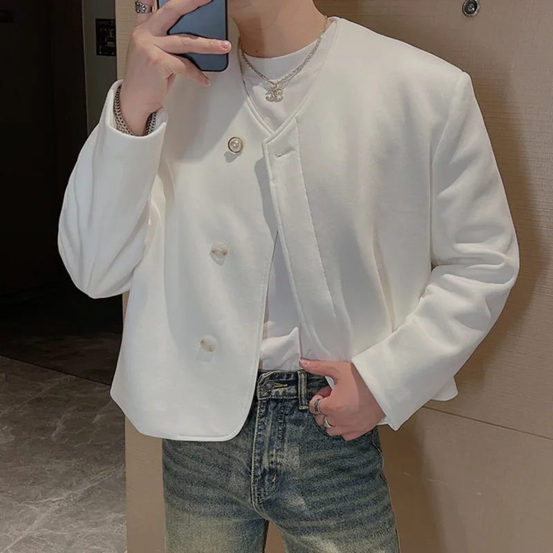 WVGA Spring Autumn New Men Tide Chinese Style Short Jacket Niche Chic Casual Collarless Pearl Button Long Sleeve Coat Ins W17162