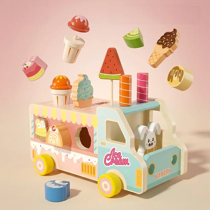 Montessori Wooden Rabbit Dessert Ice Cream Truck Toy Multi-function Shape Sorter Vehicle Pretend Play Food Set Early Educational