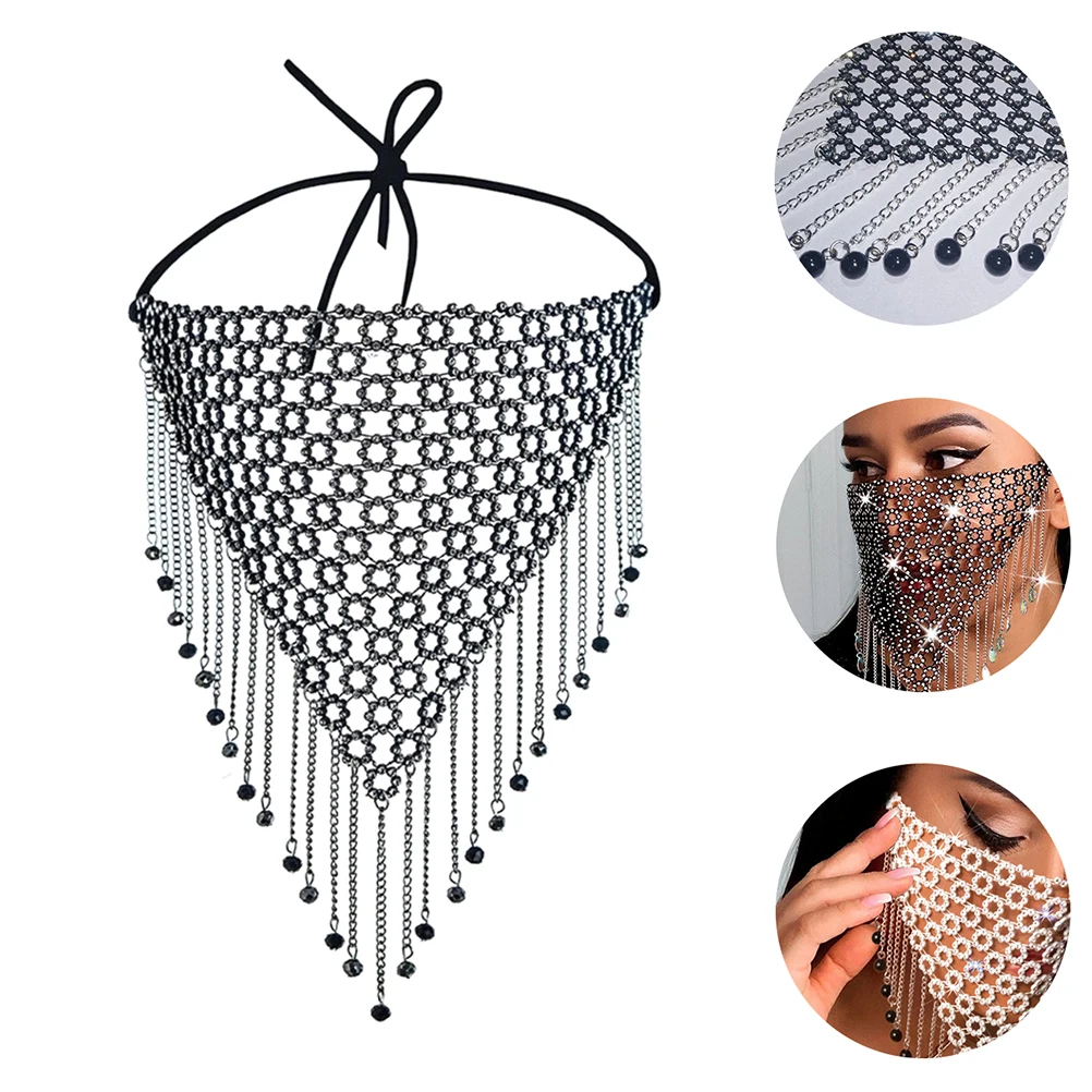 

Rhinestone Face Mask Crystal Masquerade Masks Chain Tassels Halloween Costume Party Accessory Nylon Vintage Decor