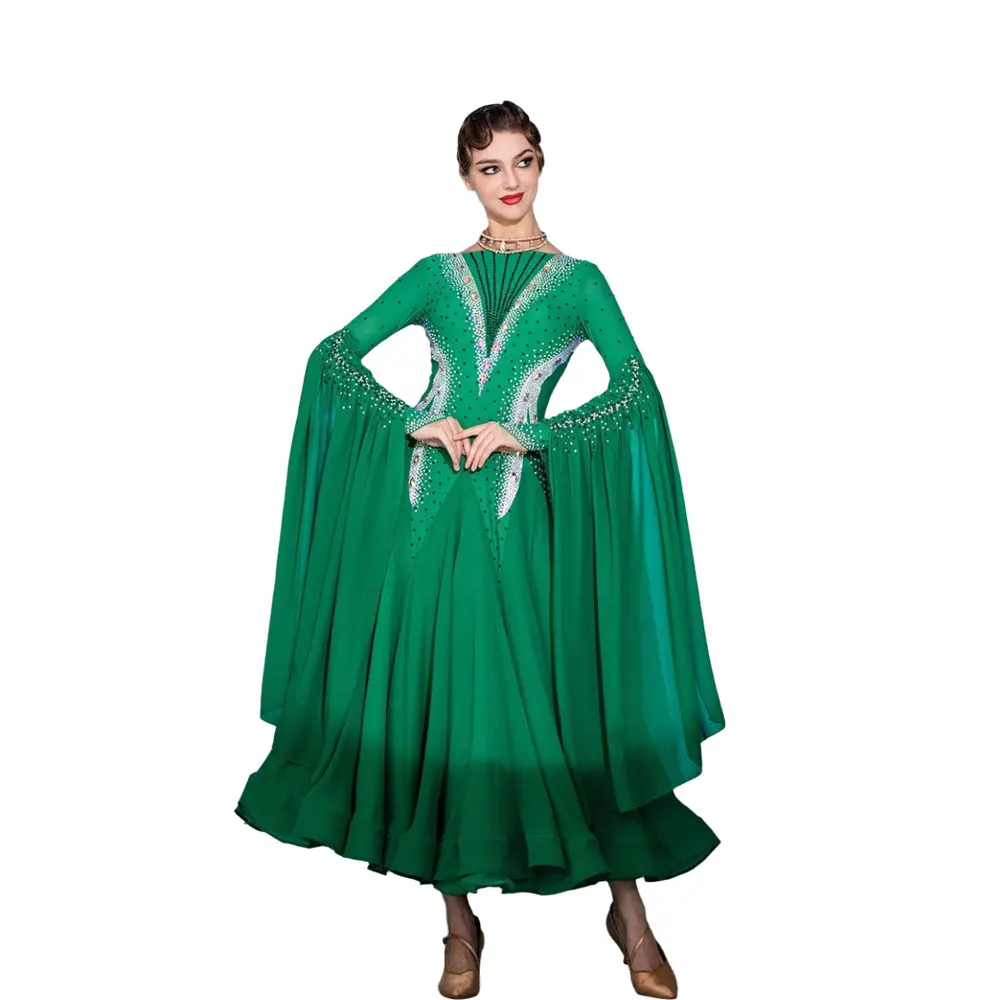 Vestido de baile latino con diamantes para mujer, adulto y niño, falda doblada verde Jade personalizada de alta gama, vestido de alto destello para actuación de vals