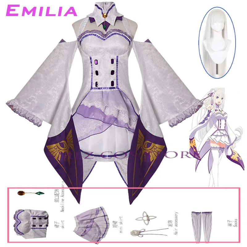 

Emilia Cosplay Anime Re Zero Kara Hajimeru Isekai Seikatsu Costumes White Uniform Dress Wig Set Halloween Party Outfit for Woman