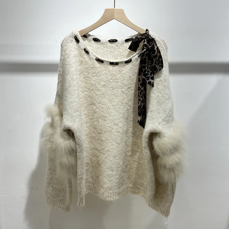 Women Autumn Special O-Neck Design Coffee Real Fur Sweater Thick Natural Fox Fur Girl Knitted Wear