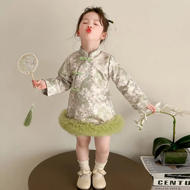 

Модный костюм Тан в китайском стиле для маленьких девочек, весенне-осеннее новое платье с древним флагом, юбка, милая детская одежда, традиционная Co