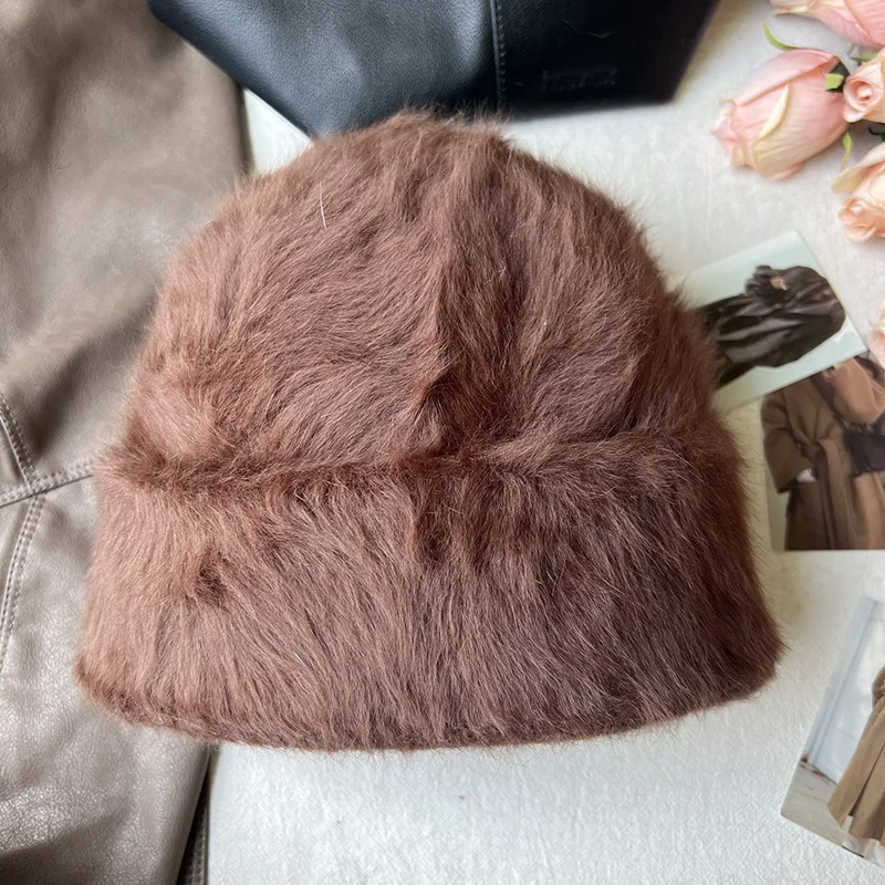 2023 neue Mode Kaninchen Fell Y2k Mützen für Frauen Weiche Warme Flauschigen Angola Winter Hut Weibliche Winddicht Motorhaube Hut Skullies Kappe – Detail 39