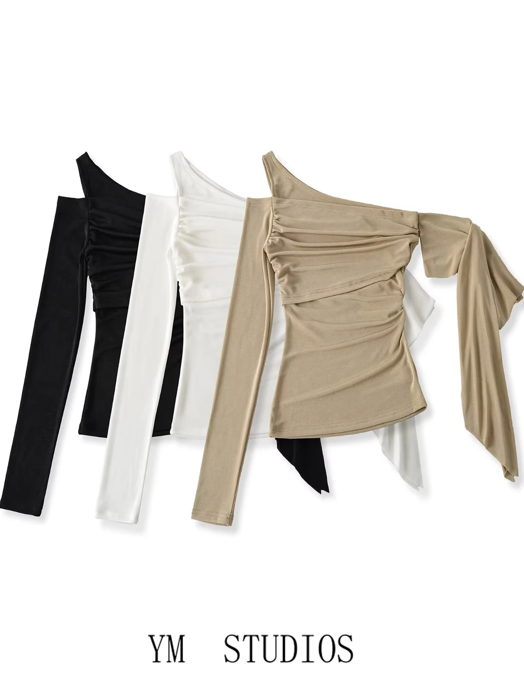 

American Style Spicy Girl Asymmetric Single Shoulder Sleeve Tassel Women's T-Shirt Slim Fit Short Length Top for Ladies