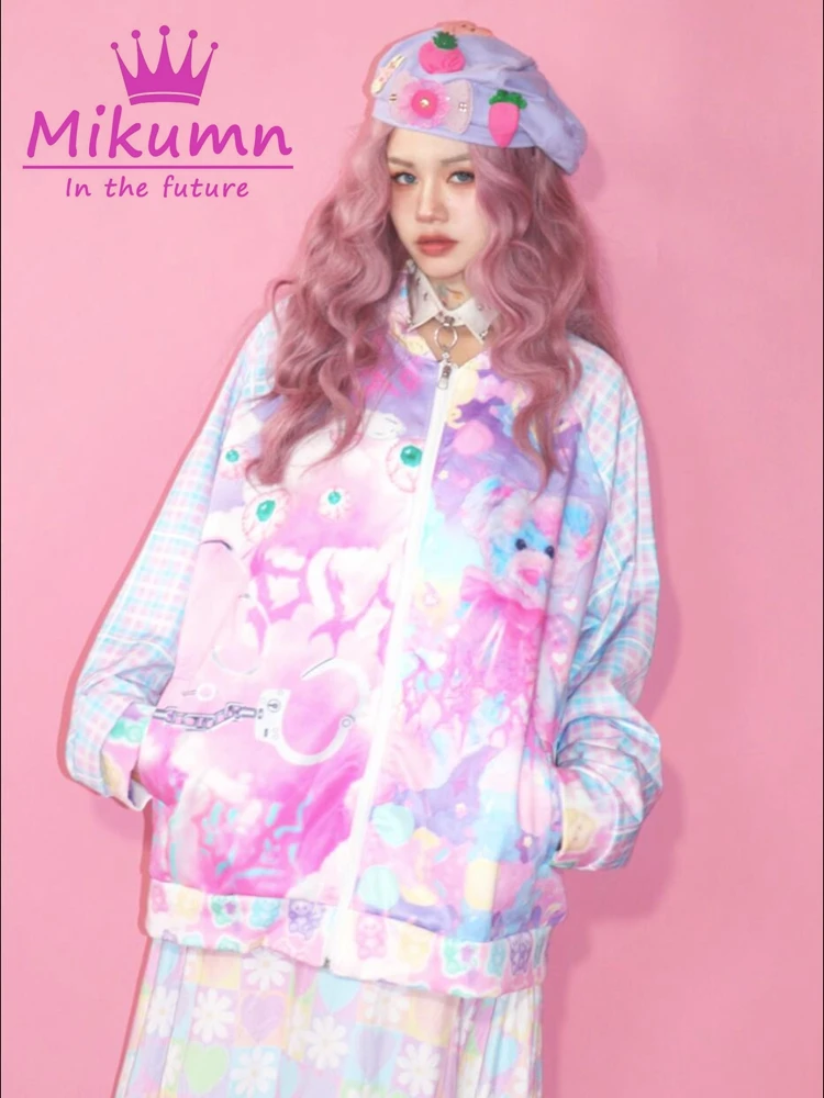 Mikumn Harajuku Y2k Baseball Jacket Women\'s Autumn Loose Japanese Kawaii Cute Cartoon Printed Casual Coat Sportswear Streetwear