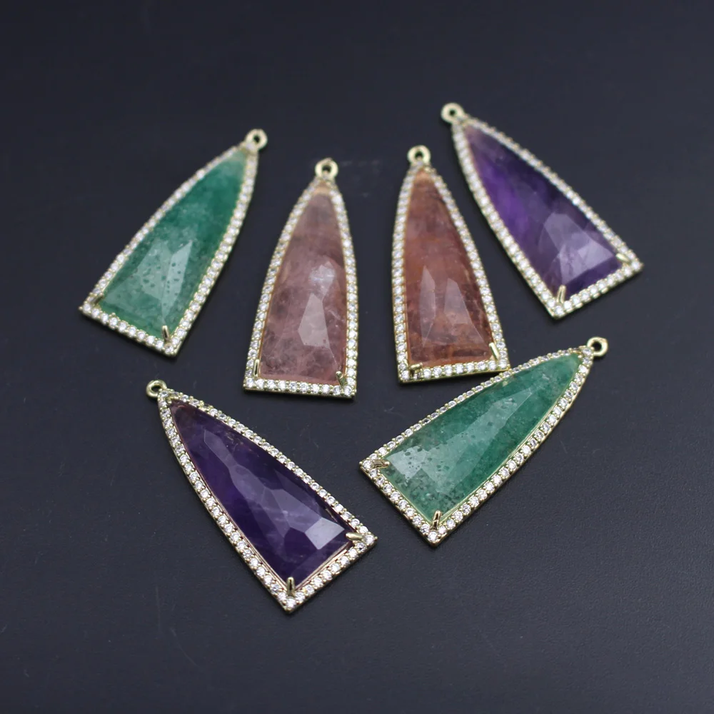 6pcs Gold Plated CZ Zirconia Faceted Triangle Geometric Natural Stone Pendants Green Amethyst Quartz Pendant Charms Jewelry