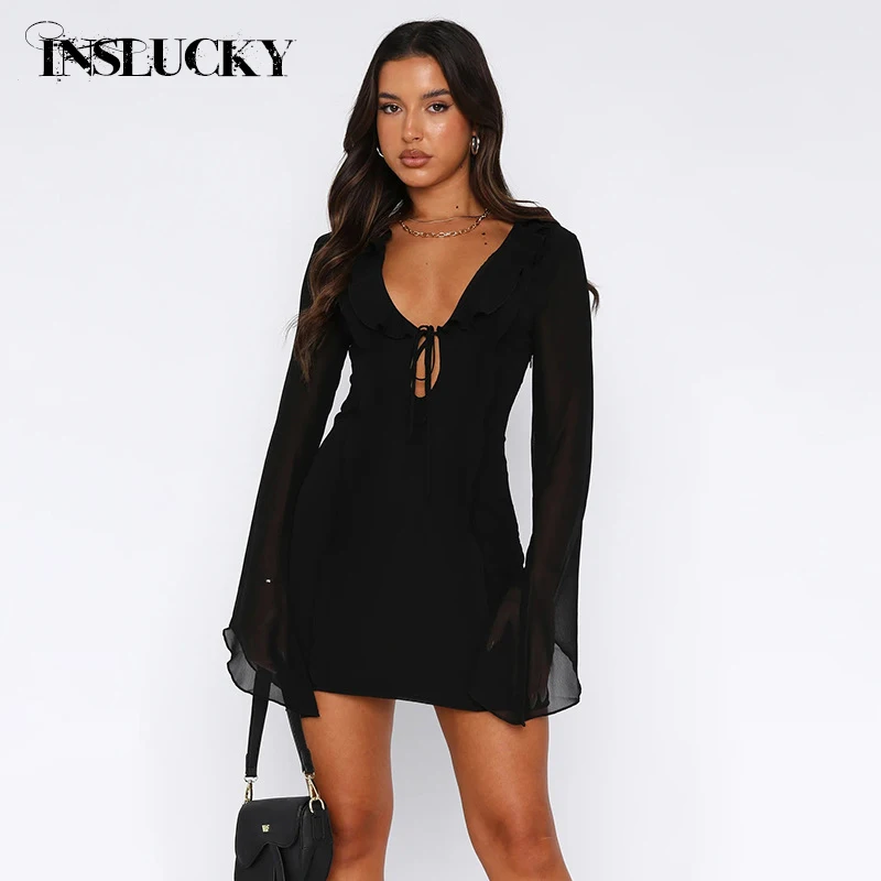 

InsLucky Sexy V Neck Ruffles Flare Sleeve Mini Dress Women Hollow Out Bandage Slim A Line Dresses Fashion Elegant Evening Dress