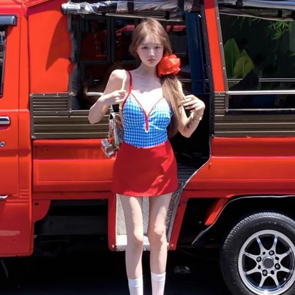 التخسيس تصميم منقوشة ملابس السباحة دعوى صدفي حافة المحافظين نمط تنورة المايوه عارية الذراعين الأزرق ملابس السباحة مجموعة البكيني #3