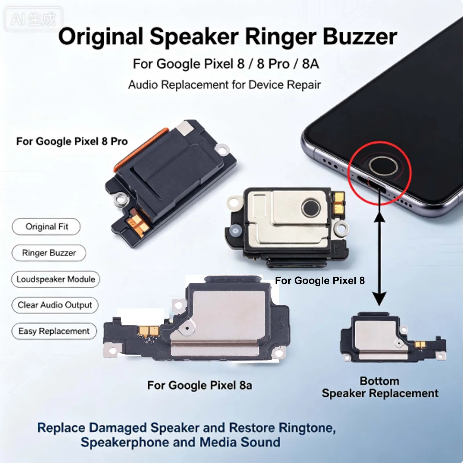 For Google Pixel 8 / 8 Pro / 8A Original Speaker Ringer Buzzer for Audio Replacement