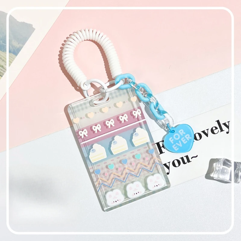 Sweet Korean Kpop Photocard Holder with Key Ring Lanyard Simplicity Kawaii Student ID Card Protector Transparent Photocard Cover