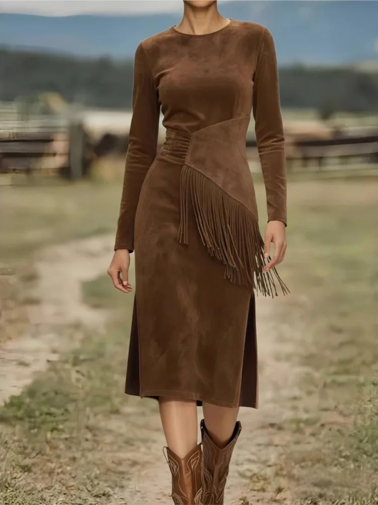 

Retro Round Neck Slim Long-sleeved Fringed Dress Spring Summer New Women's Suede Mid-length Long-sleeved Dress Ropa Mujer