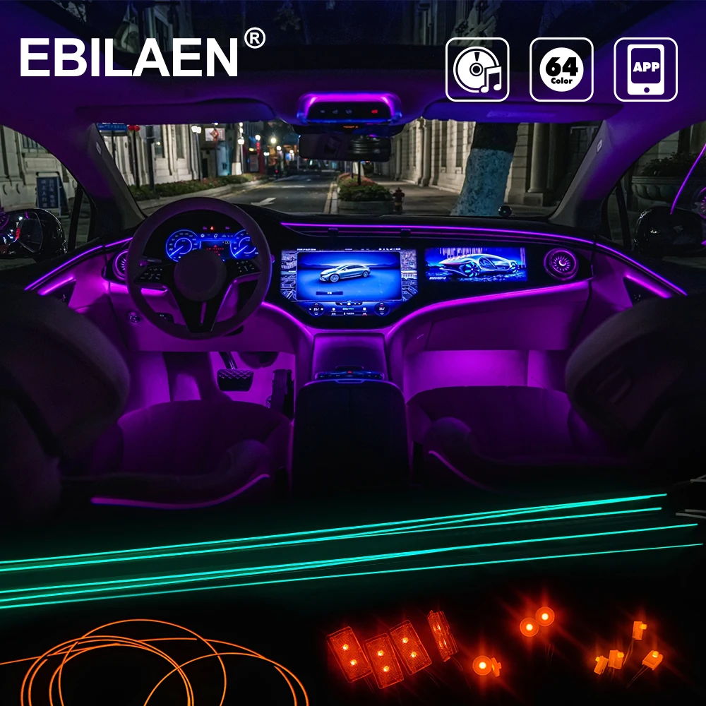 Led Ambient RGB Light Strip Interior Fiber Optic Dual Zone 64 Colors Light Universal Car Decoration Atmosphere Lamp App Control