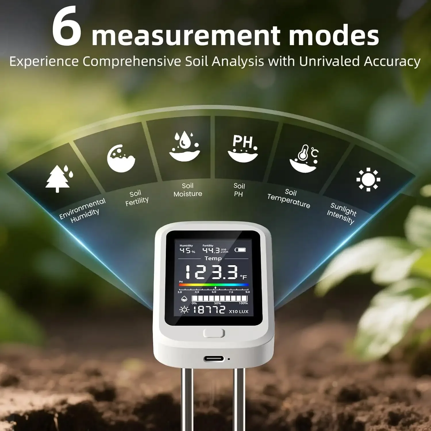 6 in 1 Soil PH Tester Double Needle Ambient Humidity Temp Soil Moisture Tester Rechargeable Moisture Meter for Garden