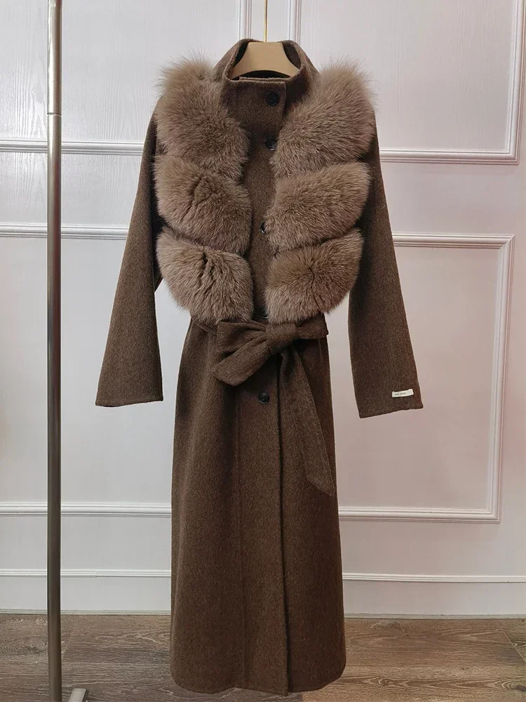 2024 Women Winter Natural Real Fox Fur Long Woolen Jacket Coat Female Belt Slim Coffee Woolen Coat