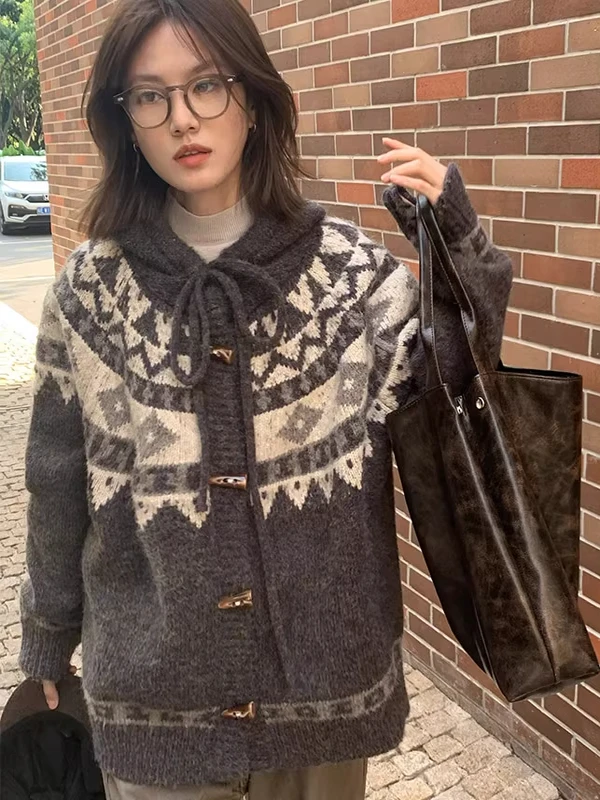 American Sle Thiened Fair Isle Knitted Open Cardigan ex Lazy Vintage Hooded Thiened Sweater Coat for Youth Casual Wear