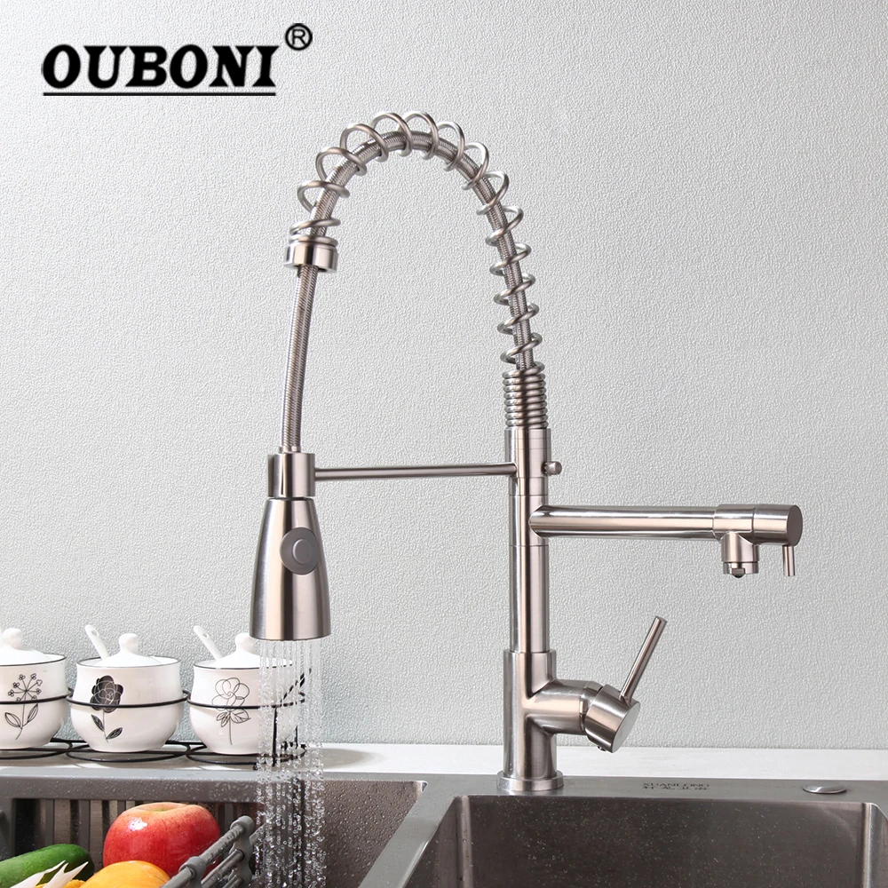 

OUBONI Kitchen Faucet Pull Out Dual Spout Nickel Brushed Deck Mount 360 Degree Rotation 2 Functions Hot Cold Taps Kitchen Sink