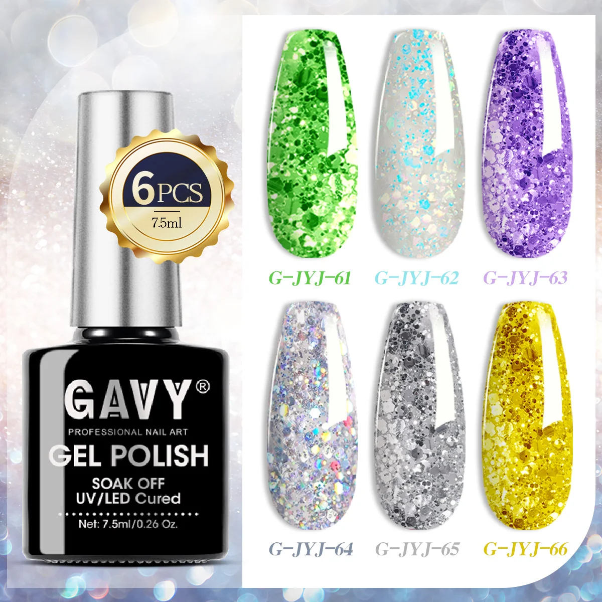 

GAVY 6PCS Glitter Gel Nail Polish Set - Holographic Sparkle Green Purple Silver Yellow UV/LED Gel Polish Kit, Soak Off Semi-Perm