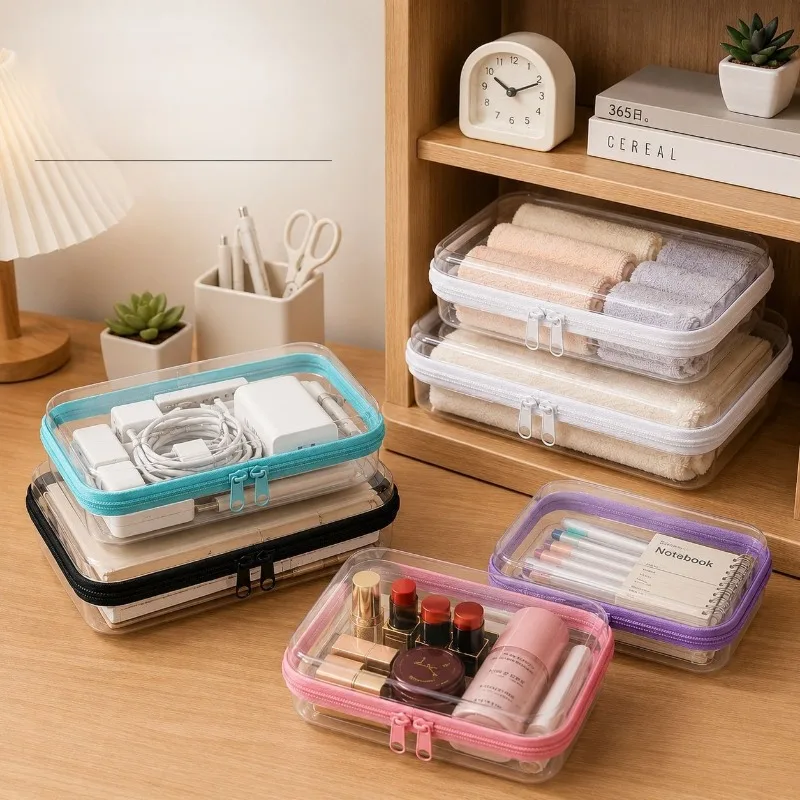 2pcs Clear Thick Hard PET Zipper Makeup Bag Dust Moisture Proof Cosmetic Organizer Double Zipper Travel Skincare Storage Case