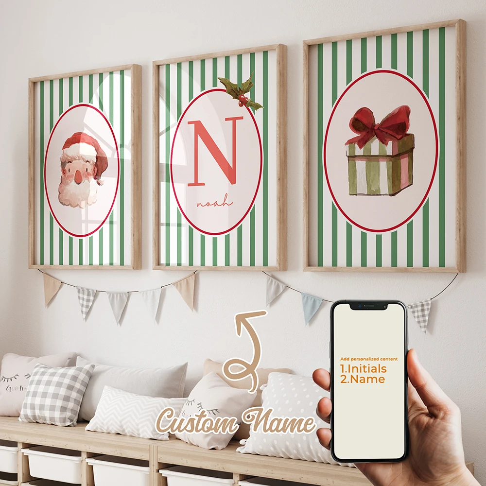 

3Pcs Personalized Custom Name Santa Claus Wall Art Printmaking Canvas Painting Poster Picture For Living Room Home Decor