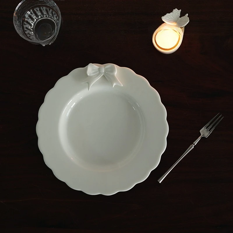 Nordic-Style Ceramic 8-Inch Plate with Bowknot & Wave Design - Premium Dessert/Snack Afternoon Tea Plate for Export Use