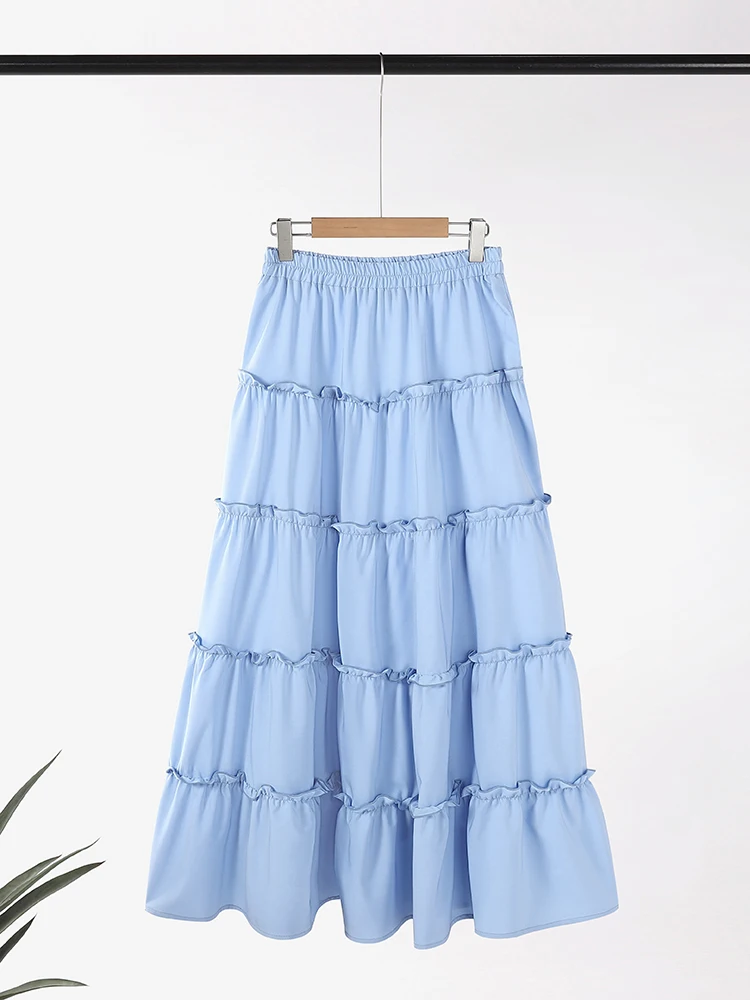 ZANZEA rok wanita pinggang tinggi, Rok wanita pinggang tinggi, rok Jupes, bergaya Ruffles, Sundress, pesta, kasual, elegan, panjang sepergelangan kaki, 2024