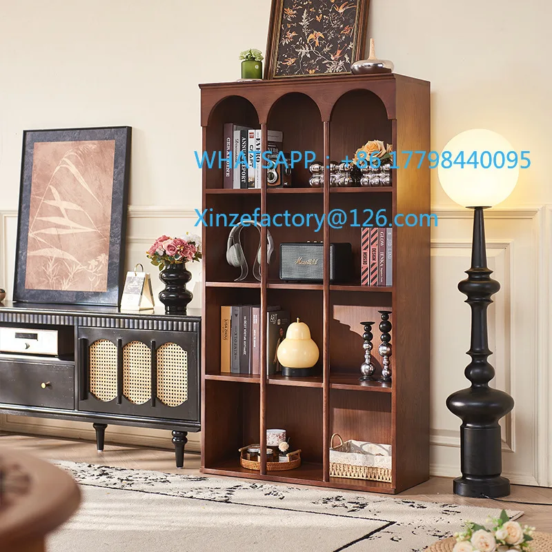 Customizable French Retro Floor-to-ceiling Bookshelf Antique Living Room Solid Wood Bookcase Against The Wall Arched Design