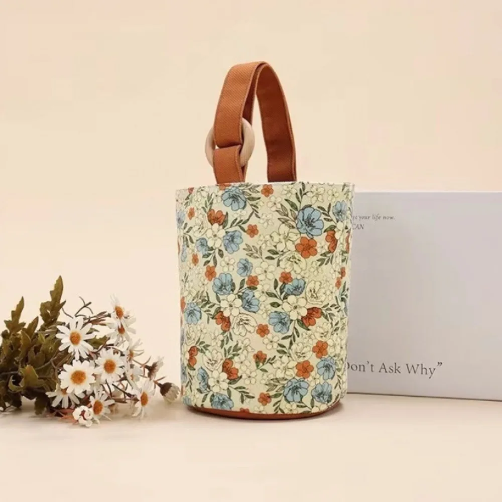 Retro Flower Bucket Bag, Large Capacity Mummy Bag, Cute Lunch Bag Canvas Handbag Korean Style Women