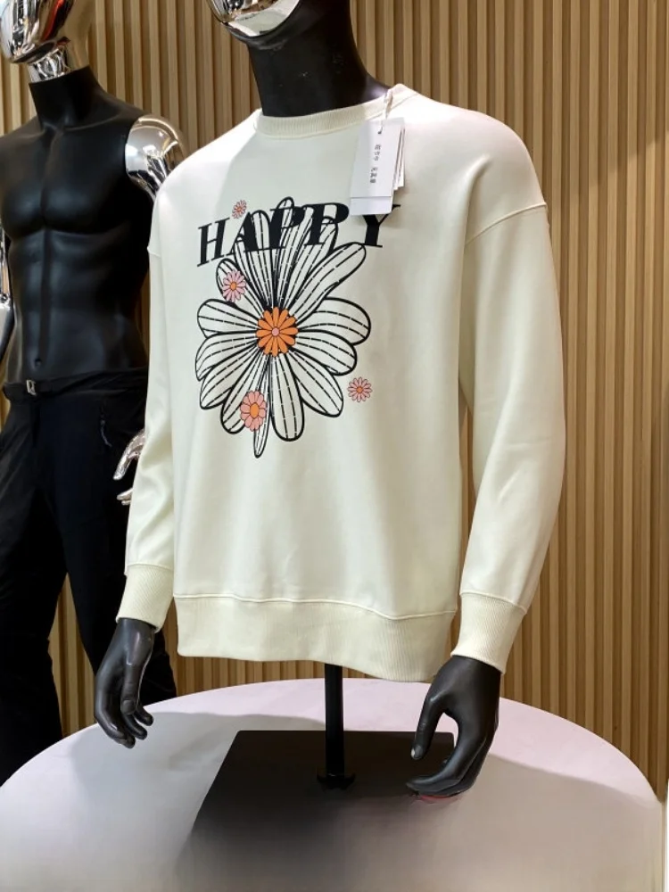 

Fashionable round Neck Sweatshirt Women's Cotton Fleece Shoulder Drop Printed Spring Apparel Casual Style Short Length