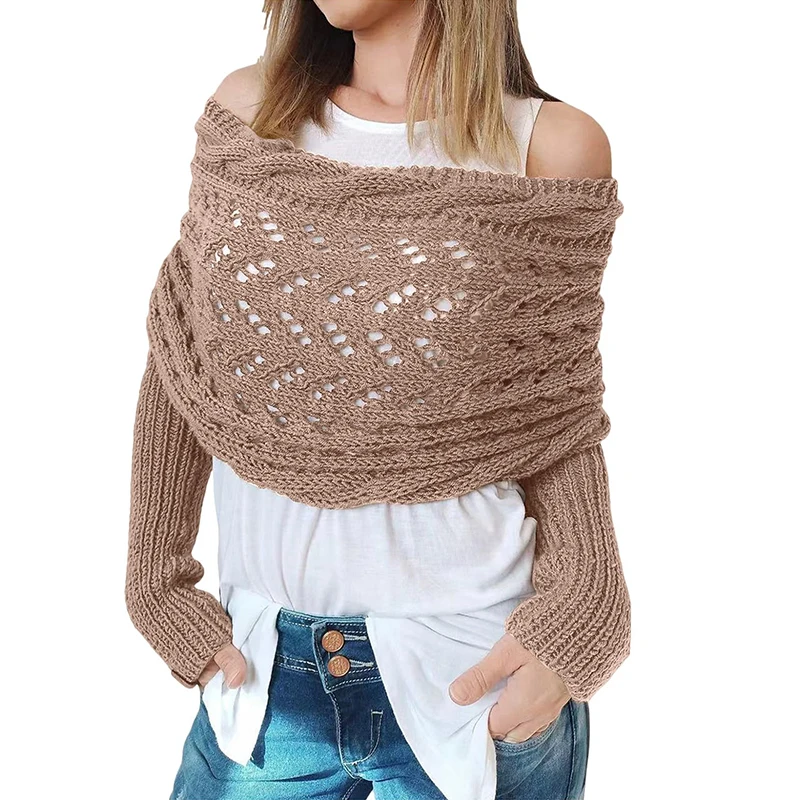 Braided Design Sleeved Wrap With Sleeves Solid Color Hollow Twist Crochet Pattern Women Shawl Scarf Bohemian Style Sweater Scarf