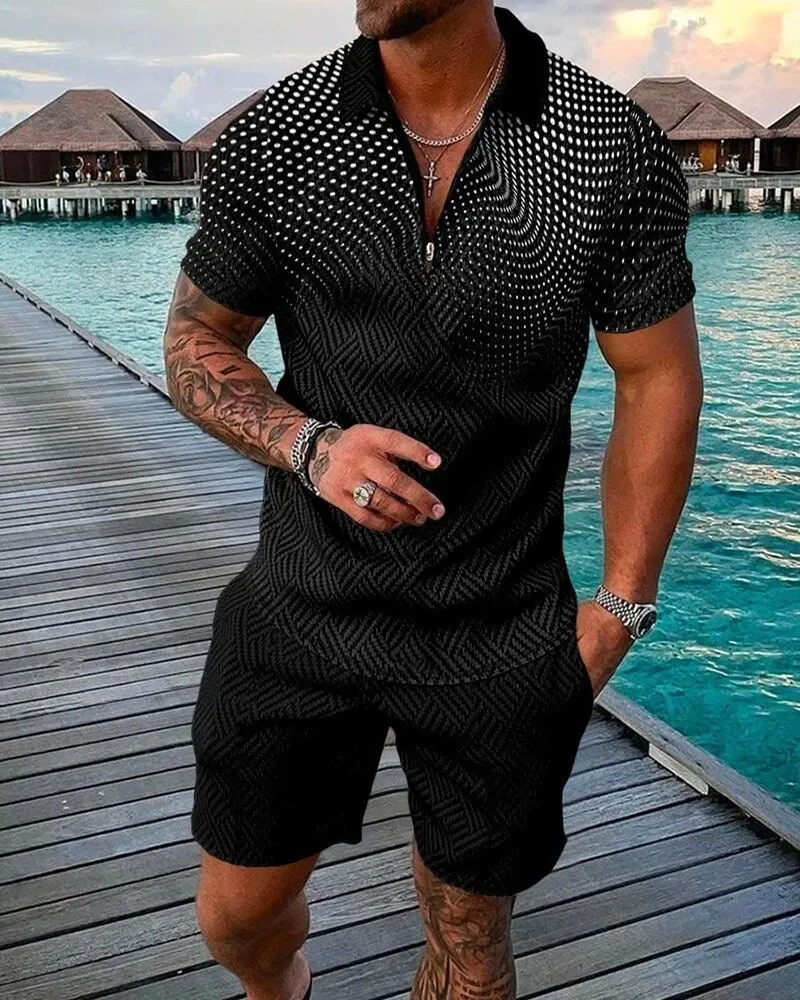 New Men's Sweatsuit Set Summer Black And White Spot Gradient 3D Print Casual Zipper Polo Shirt + Shorts 2pcs Sets Man Clothing